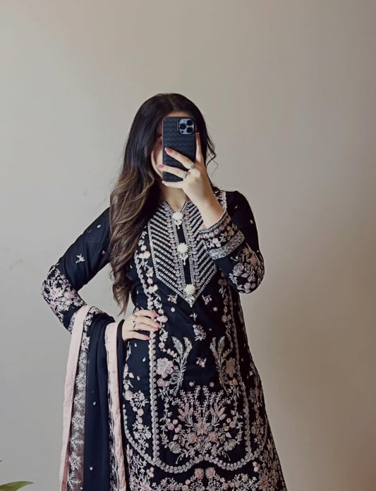 Aneela’s Premium Black Lawn Suit – Embroidered 3PC with Lace & Chiffon Dupatta
