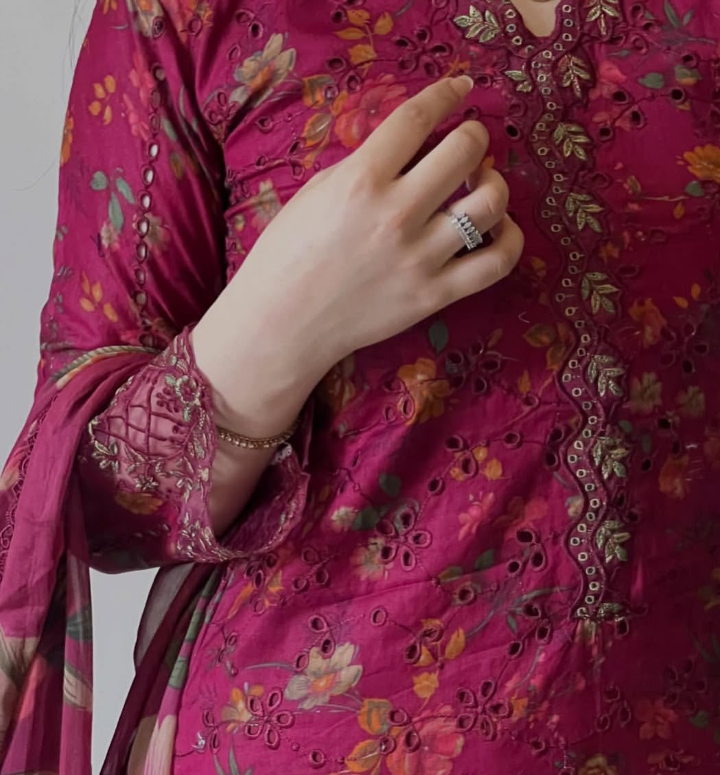Kiswa by J.Z Premium Chikankari Lawn Suit with Printed Dupatta & Palazzo Set
