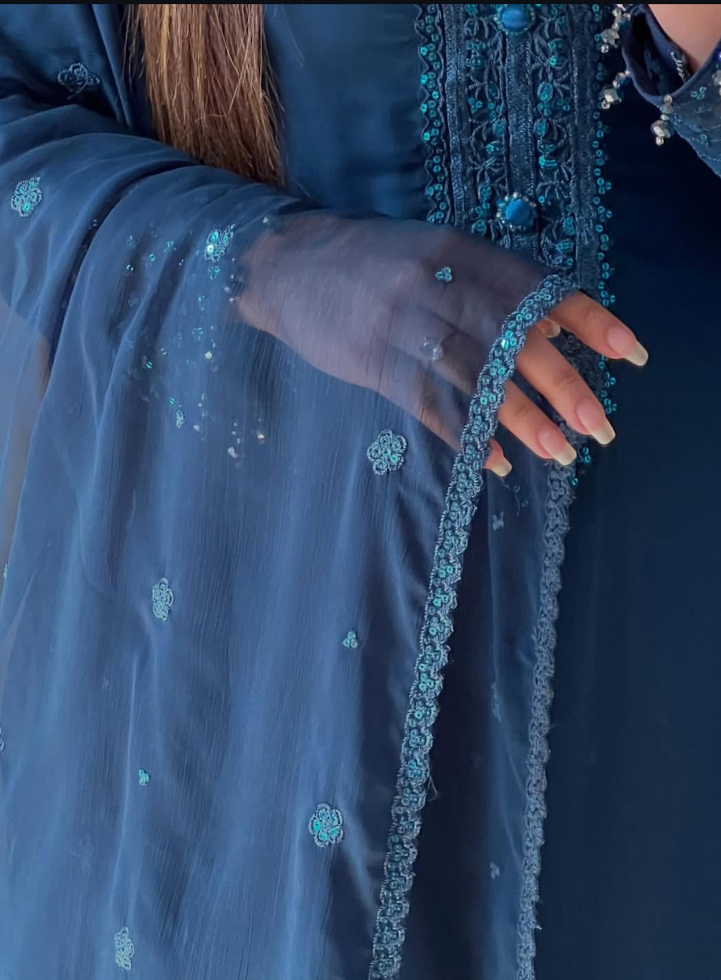 Self Design by J.Z Elegant Chiffon Dress with Crystal Work & Embroidered Organza Dupatta