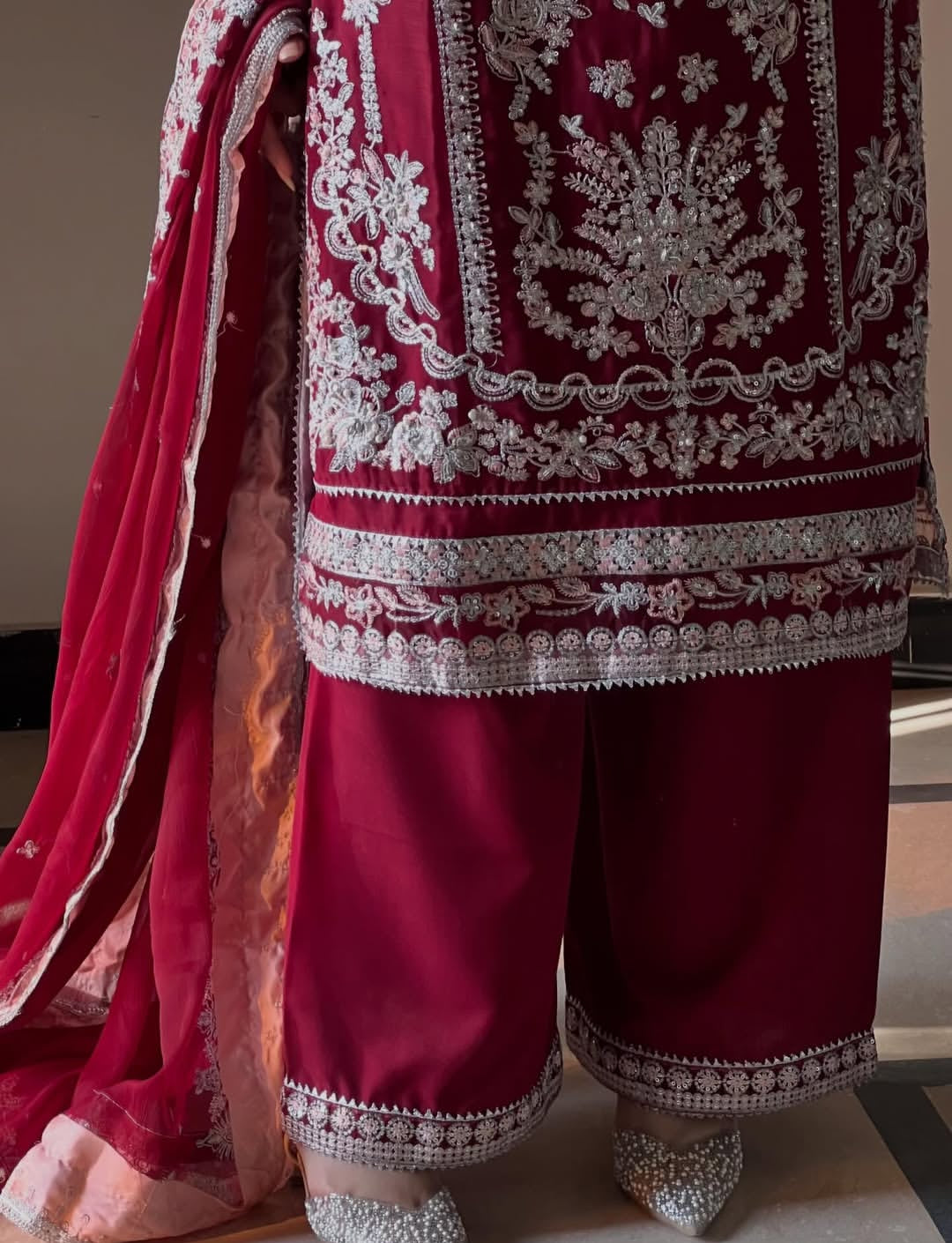 Aneelas Chiffon Embroidered Dress with Double Border Dupatta & Culottes Set