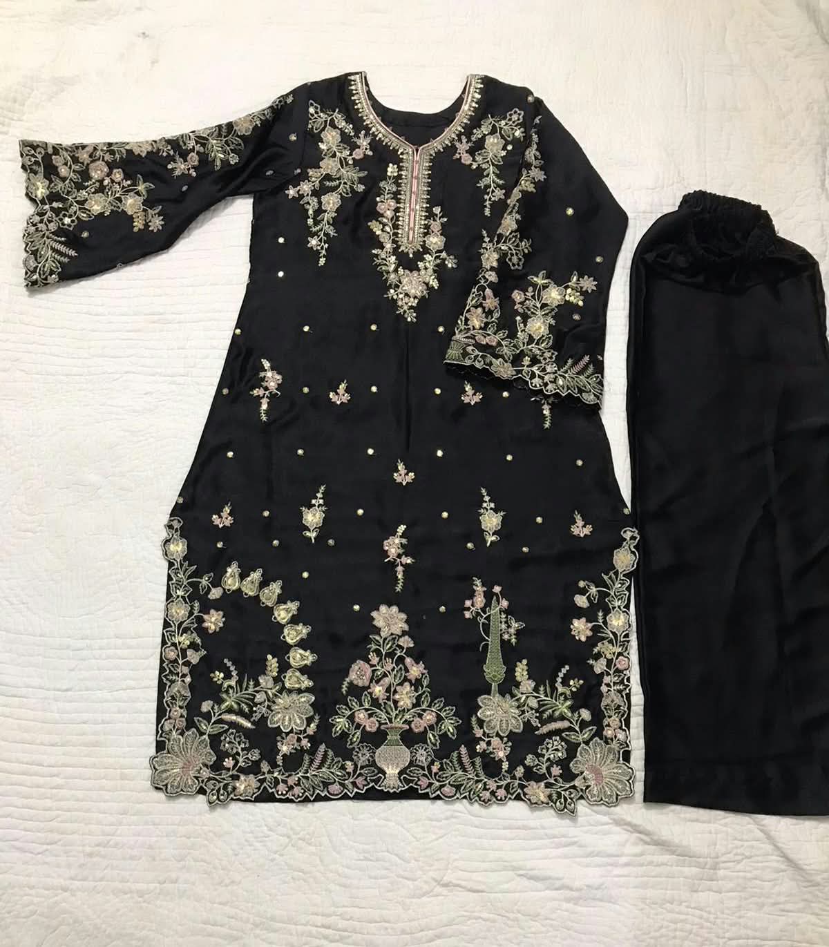 Silk embroidered black kaftan