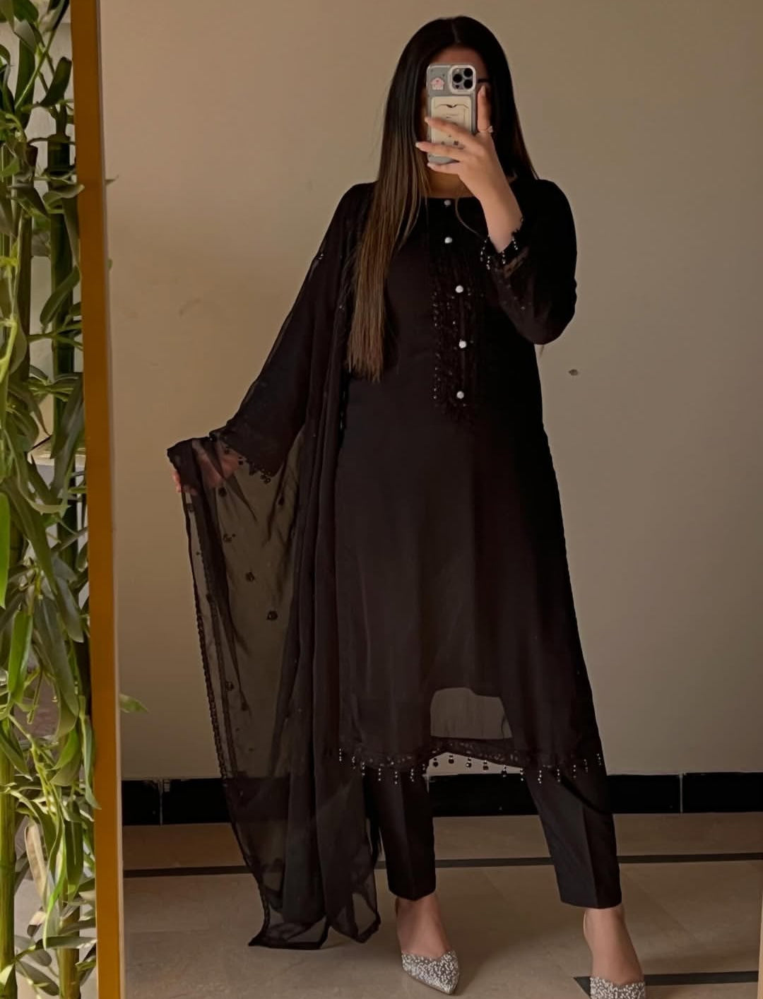 J.Z Self Designs Chiffon Suit with Crystal Hand Embellishment & Organza Dupatta