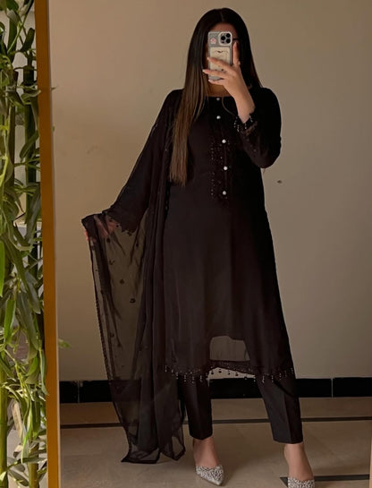 J.Z Self Designs Chiffon Suit with Crystal Hand Embellishment & Organza Dupatta