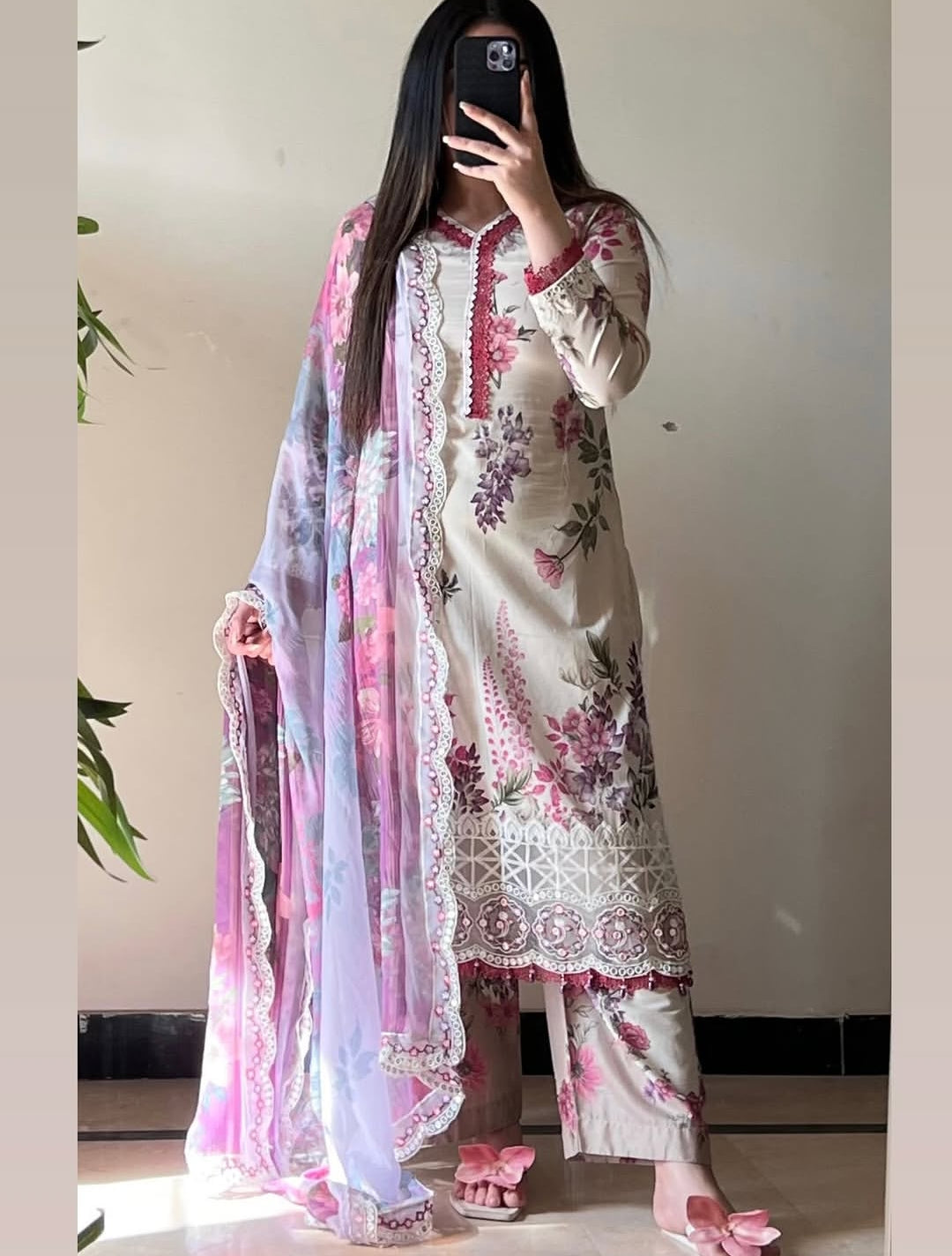 Noor by J. Z Designer Printed Lawn Suit with Embroidered Details & Chiffon Dupatta