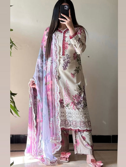 Noor by J. Z Designer Printed Lawn Suit with Embroidered Details & Chiffon Dupatta
