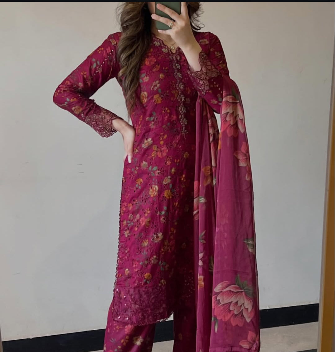 Kiswa by J.Z Premium Chikankari Lawn Suit with Printed Dupatta & Palazzo Set
