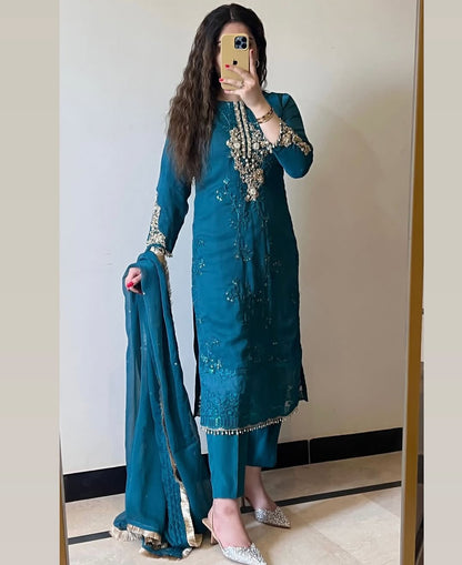 Amna by J.Z Designer Chiffon Suit – Hand Embroidery with Crystal Lace & Dupatta