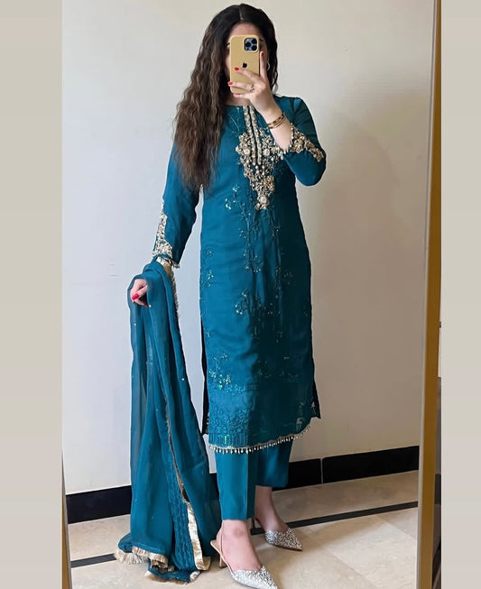 Amna by J.Z Designer Chiffon Suit – Hand Embroidery with Crystal Lace & Dupatta