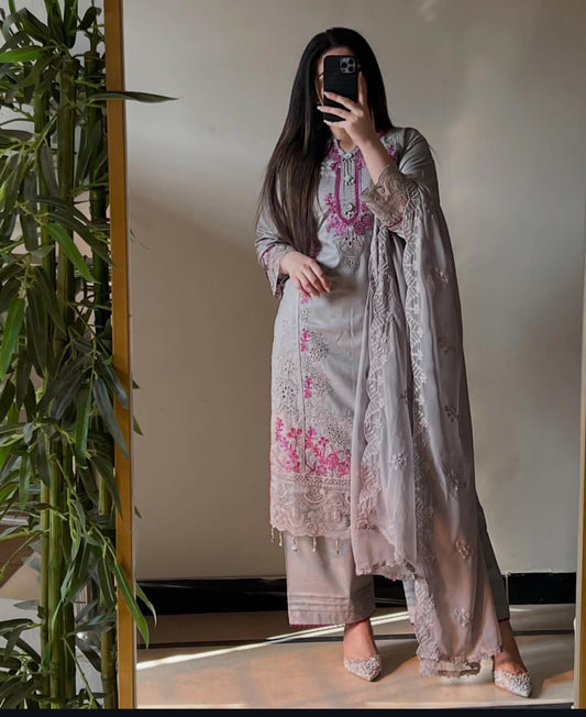 Haya by J.Z Chikankari Embroidered Lawn Suit with Chiffon Dupatta & Palazzo Set