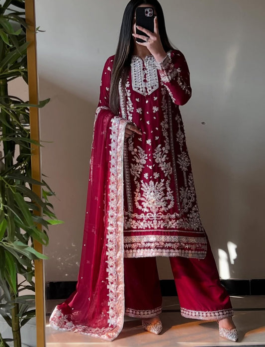 Aneelas Chiffon Embroidered Dress with Double Border Dupatta & Culottes Set