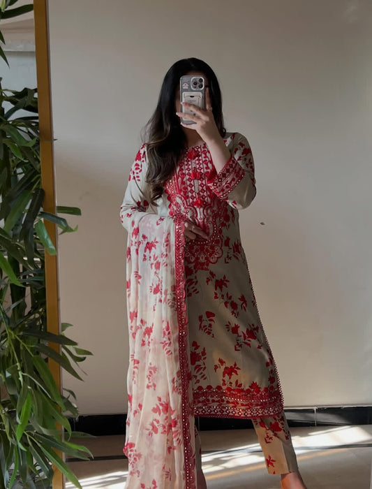 Nabirah by J. Z Lawn Collection – Printed Suit with Embroidery & Chiffon Dupatta