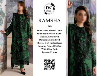 Ramsha Designer Lawn 3PC Unstitched Suit – Embroidered Neck, Sleeves & Border