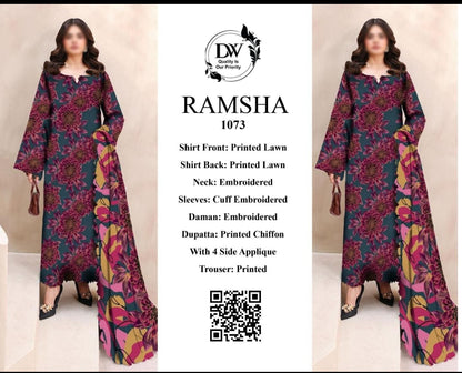 Ramsha Unstitched Lawn Suit 3PC – Embroidered Shirt with Chiffon Dupatta & Trouser