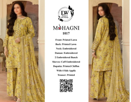 Mohagni Unstitched Lawn Suit 3PC – Embroidered Shirt with Chiffon Dupatta & Printed Trouser