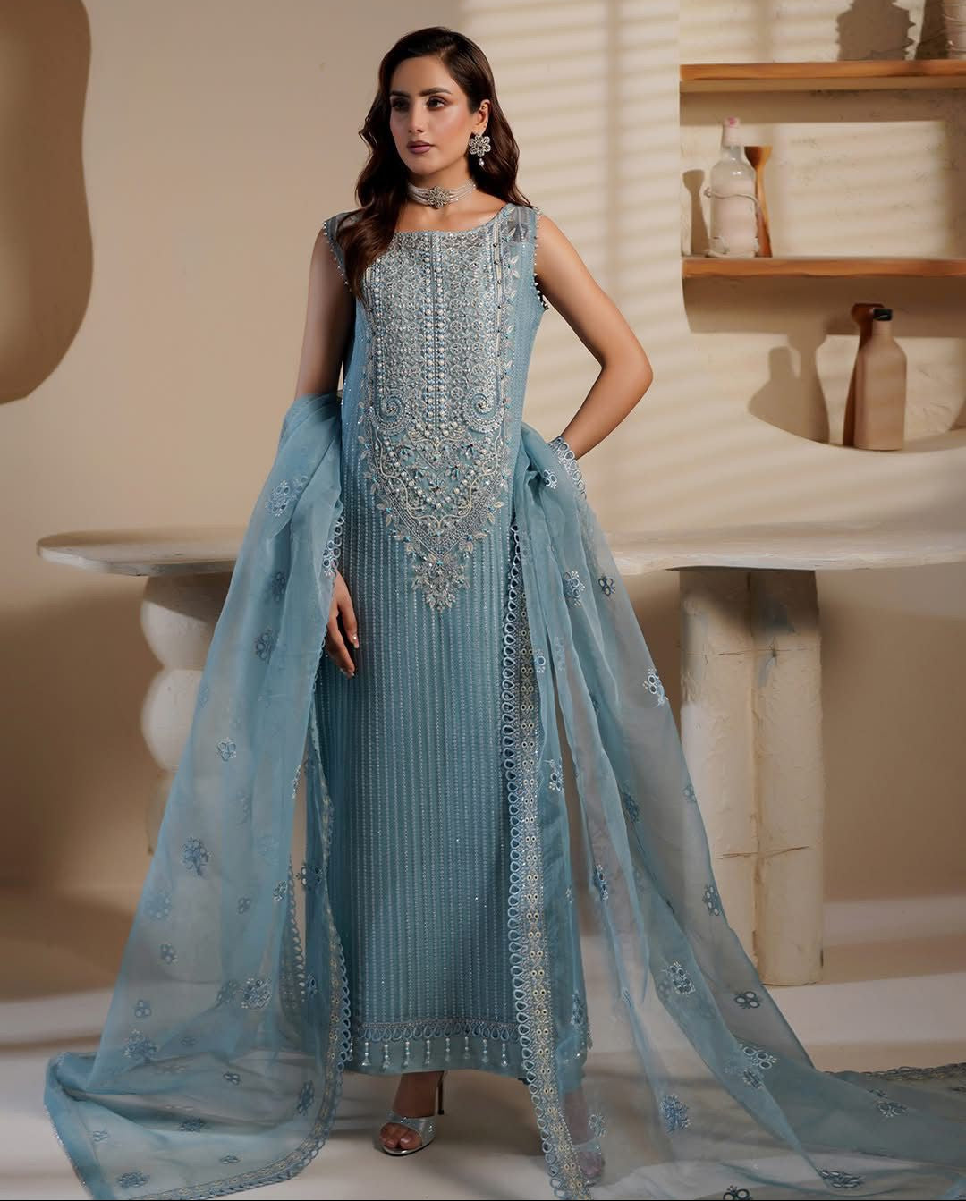 Maryam’s Hit Code Organza 3PC Unstitched Suit – Heavy Embroidery with Adda Work & Cutwork Dupatta