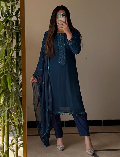 Self Design by J.Z Elegant Chiffon Dress with Crystal Work & Embroidered Organza Dupatta