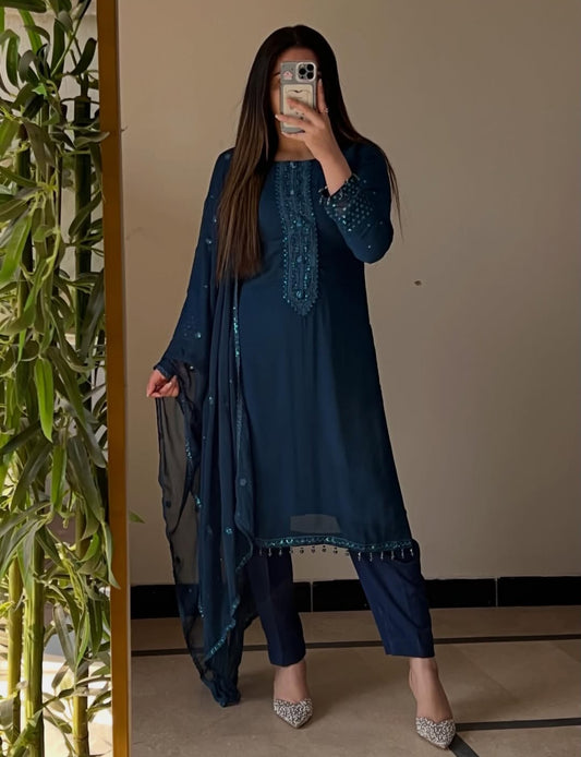 Self Design by J.Z Elegant Chiffon Dress with Crystal Work & Embroidered Organza Dupatta