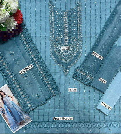 Maryam’s Hit Code Organza 3PC Unstitched Suit – Heavy Embroidery with Adda Work & Cutwork Dupatta
