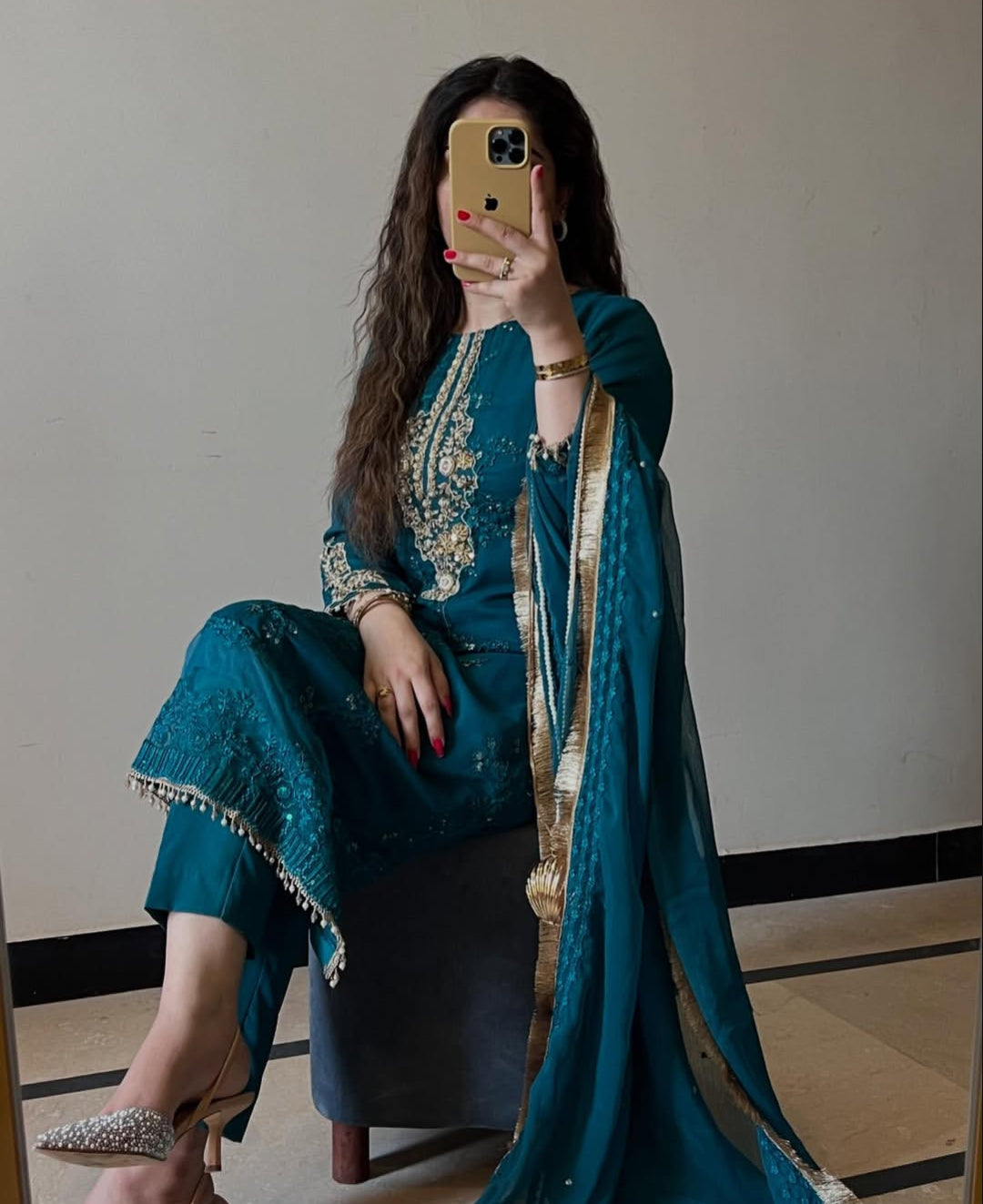Amna by J.Z Designer Chiffon Suit – Hand Embroidery with Crystal Lace & Dupatta