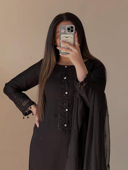 J.Z Self Designs Chiffon Suit with Crystal Hand Embellishment & Organza Dupatta