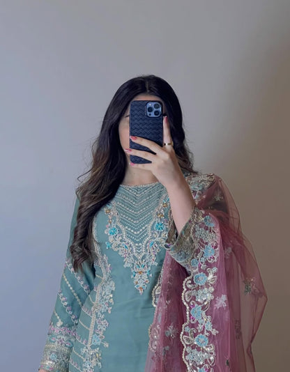 Aleena by J.Z Chiffon Collection – Embroidered 3PC Suit with Net Dupatta & Tassel Detail