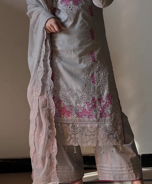 Haya by J.Z Chikankari Embroidered Lawn Suit with Chiffon Dupatta & Palazzo Set