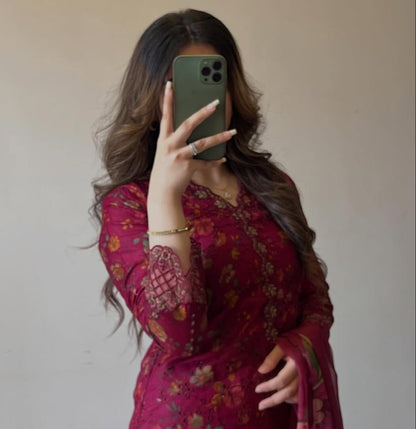 Kiswa by J.Z Premium Chikankari Lawn Suit with Printed Dupatta & Palazzo Set