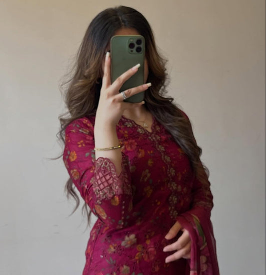 Kiswa by J.Z Premium Chikankari Lawn Suit with Printed Dupatta & Palazzo Set