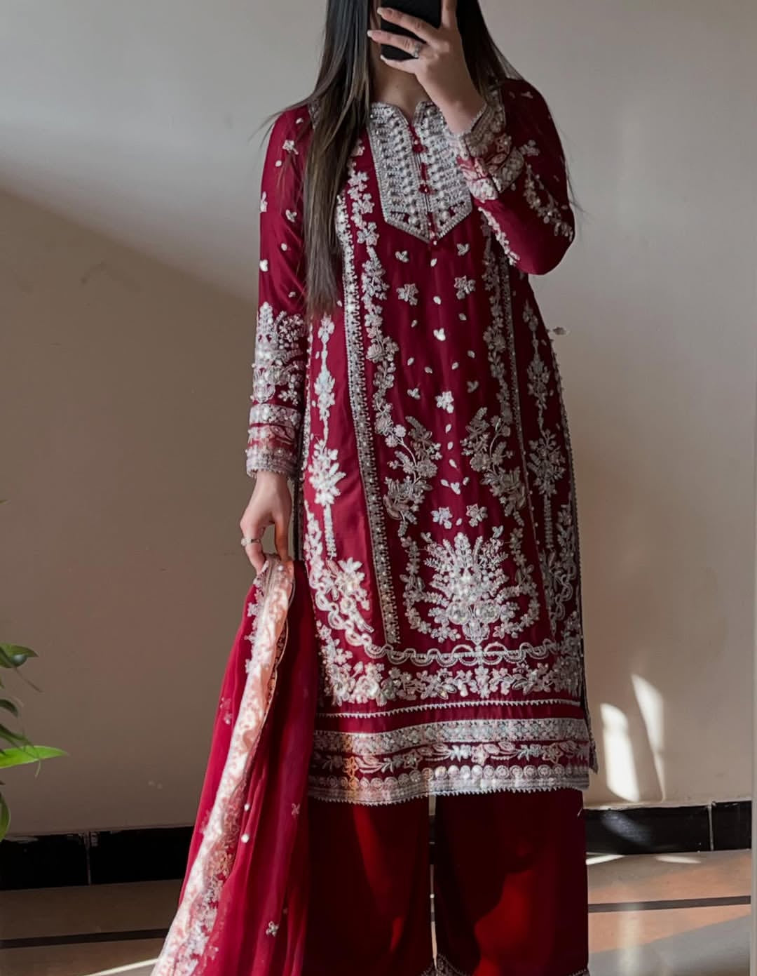 Aneelas Chiffon Embroidered Dress with Double Border Dupatta & Culottes Set