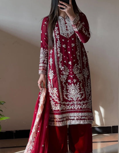 Aneelas Chiffon Embroidered Dress with Double Border Dupatta & Culottes Set