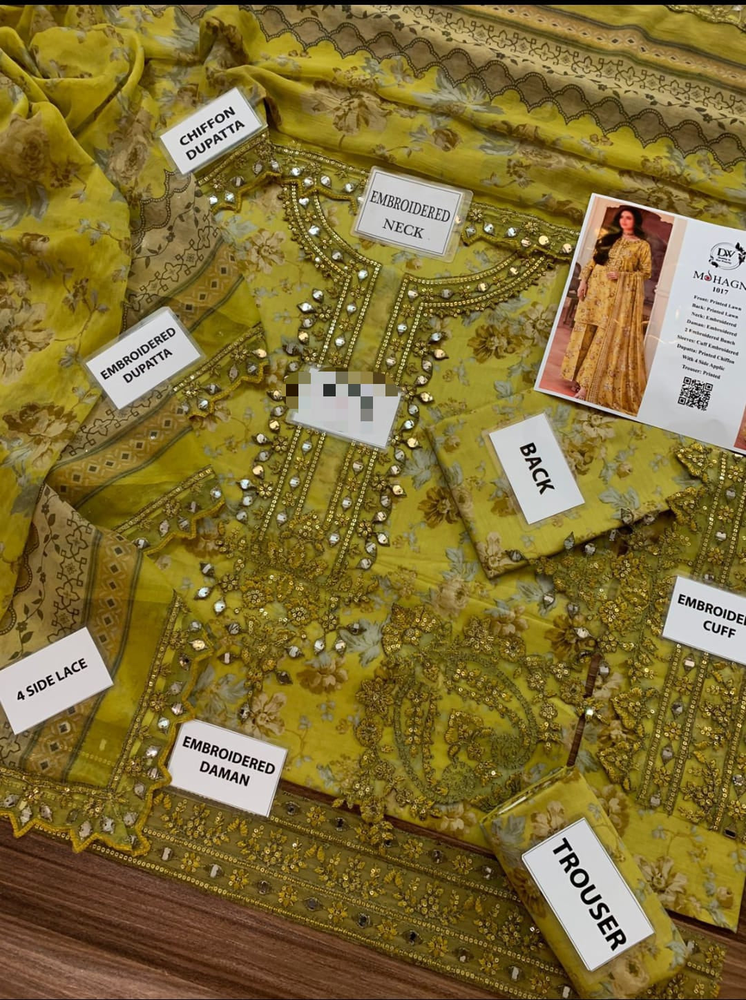 Mohagni Unstitched Lawn Suit 3PC – Embroidered Shirt with Chiffon Dupatta & Printed Trouser