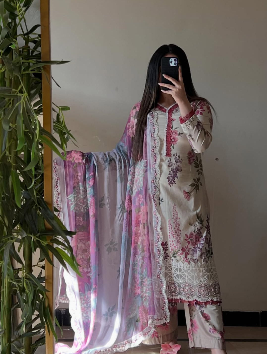 Noor by J. Z Designer Printed Lawn Suit with Embroidered Details & Chiffon Dupatta