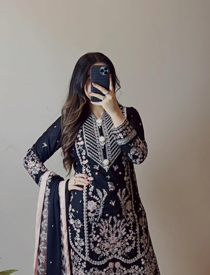 Aneela’s Premium Black Lawn Suit – Embroidered 3PC with Lace & Chiffon Dupatta