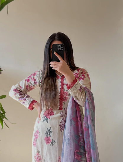 Noor by J. Z Designer Printed Lawn Suit with Embroidered Details & Chiffon Dupatta