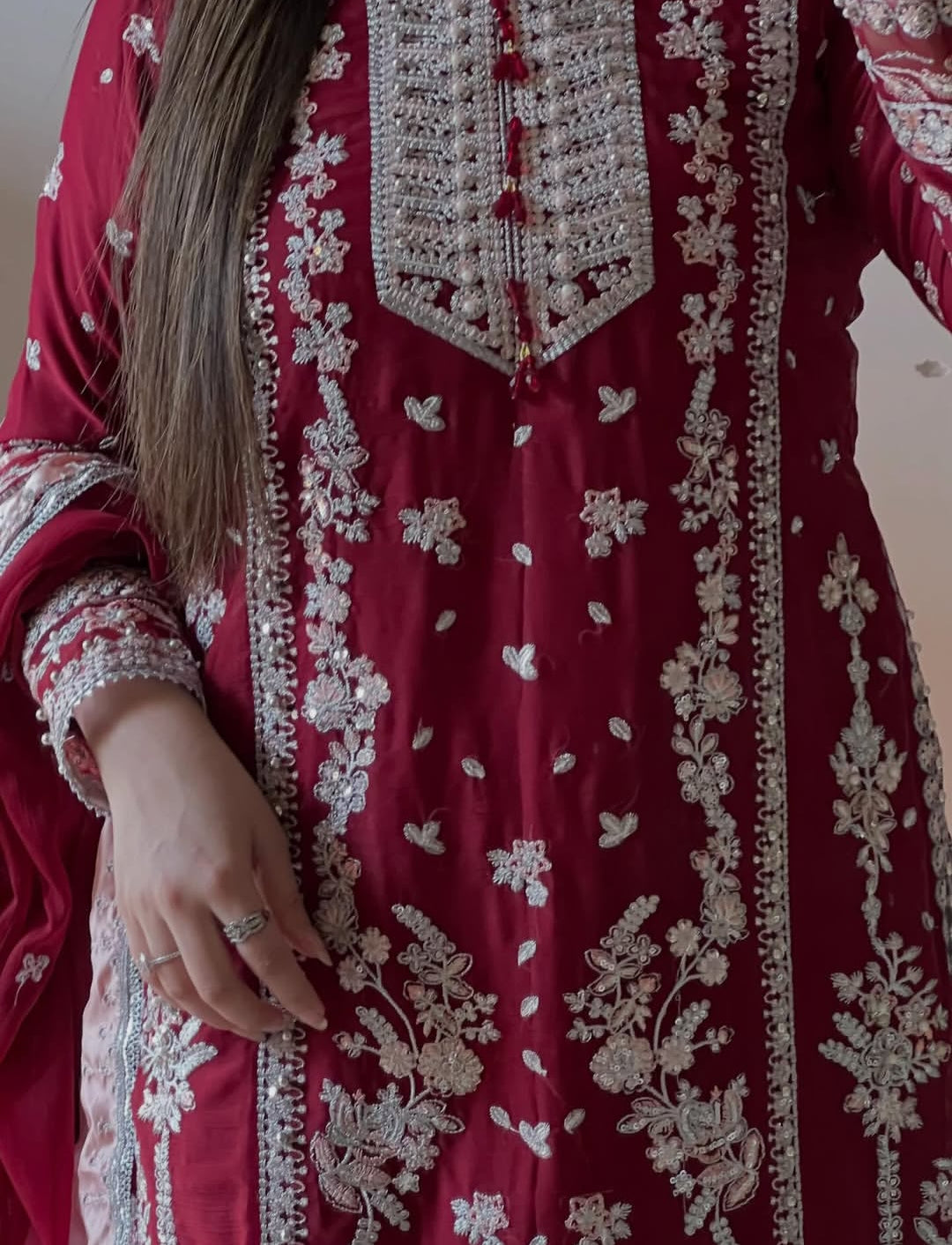Aneelas Chiffon Embroidered Dress with Double Border Dupatta & Culottes Set
