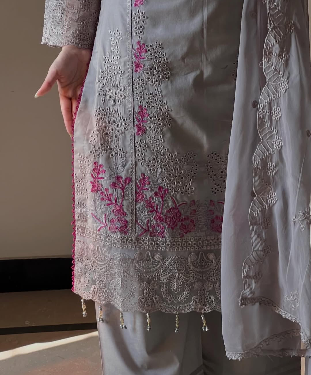 Haya by J.Z Chikankari Embroidered Lawn Suit with Chiffon Dupatta & Palazzo Set