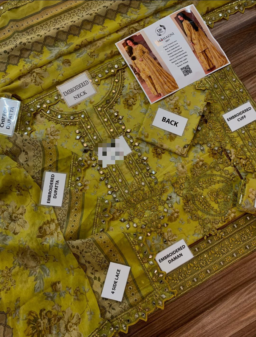 Mohagni Unstitched Lawn Suit 3PC – Embroidered Shirt with Chiffon Dupatta & Printed Trouser