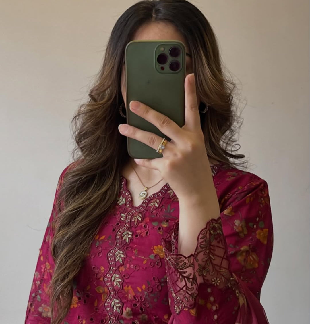 Kiswa by J.Z Premium Chikankari Lawn Suit with Printed Dupatta & Palazzo Set