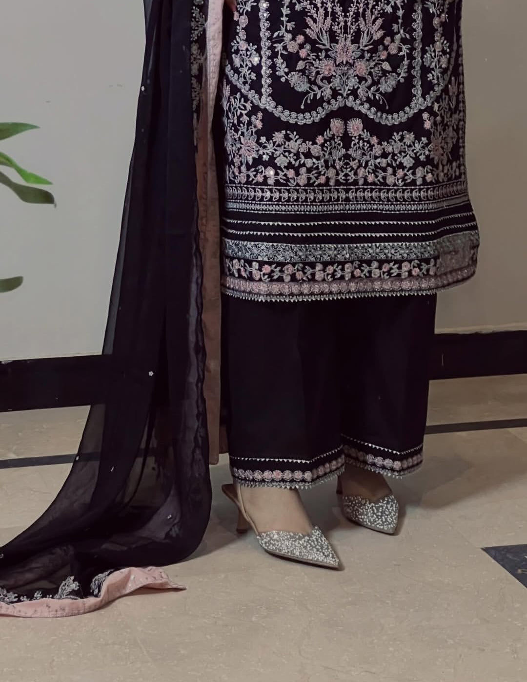 Aneela’s Premium Black Lawn Suit – Embroidered 3PC with Lace & Chiffon Dupatta