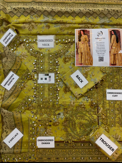 Mohagni Unstitched Lawn Suit 3PC – Embroidered Shirt with Chiffon Dupatta & Printed Trouser