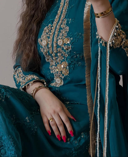 Amna by J.Z Designer Chiffon Suit – Hand Embroidery with Crystal Lace & Dupatta