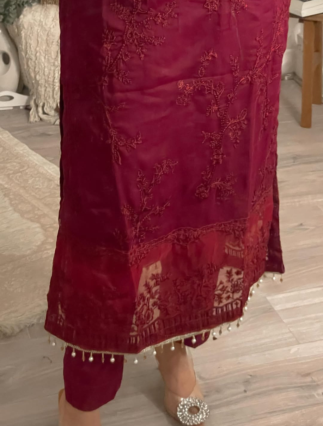 Amna by J.Z Chiffon 3PC Suit – Full Embroidery with Handwork & Kiran Lace Dupatta