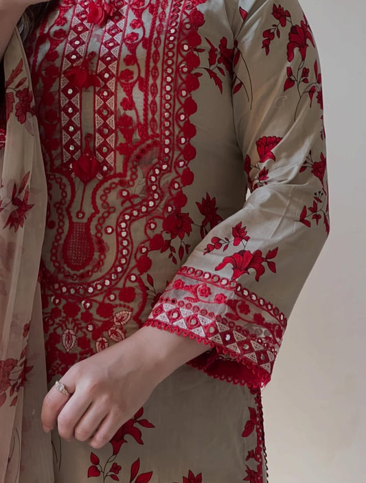 Nabirah by J. Z Lawn Collection – Printed Suit with Embroidery & Chiffon Dupatta