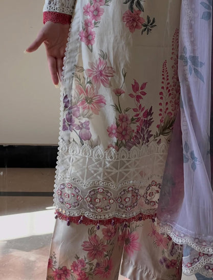 Noor by J. Z Designer Printed Lawn Suit with Embroidered Details & Chiffon Dupatta
