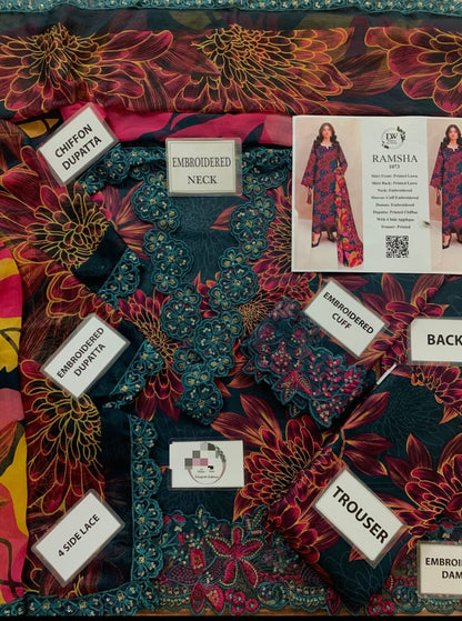 Ramsha Unstitched Lawn Suit 3PC – Embroidered Shirt with Chiffon Dupatta & Trouser