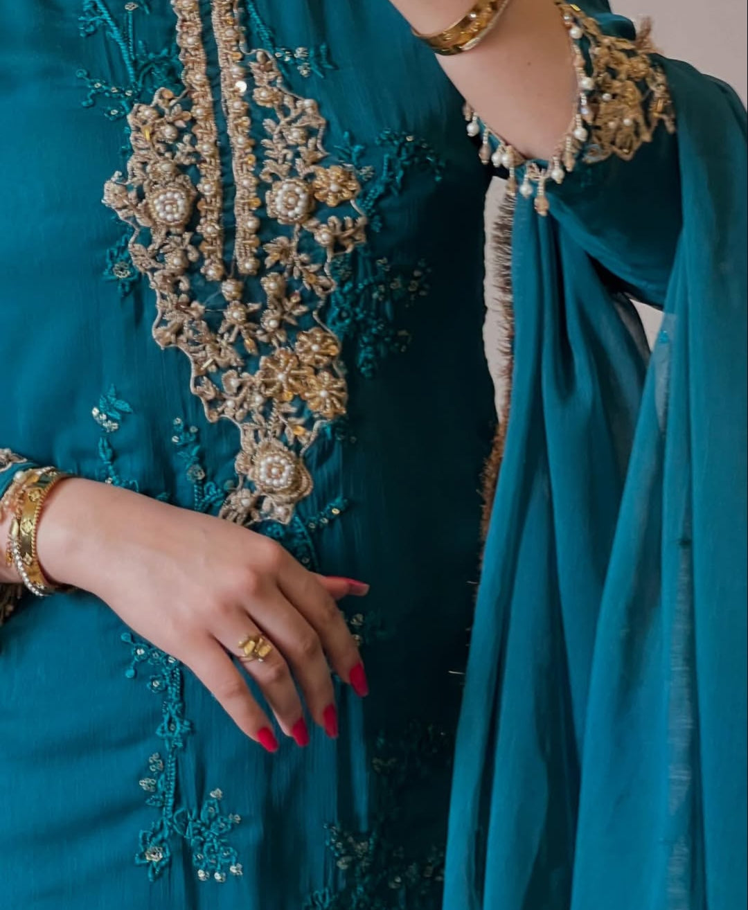 Amna by J.Z Designer Chiffon Suit – Hand Embroidery with Crystal Lace & Dupatta