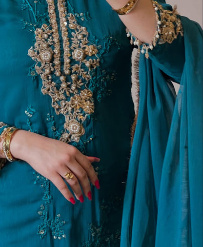 Amna by J.Z Designer Chiffon Suit – Hand Embroidery with Crystal Lace & Dupatta