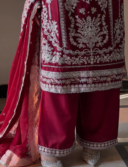 Aneelas Chiffon Embroidered Dress with Double Border Dupatta & Culottes Set