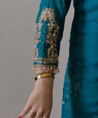 Amna by J.Z Designer Chiffon Suit – Hand Embroidery with Crystal Lace & Dupatta