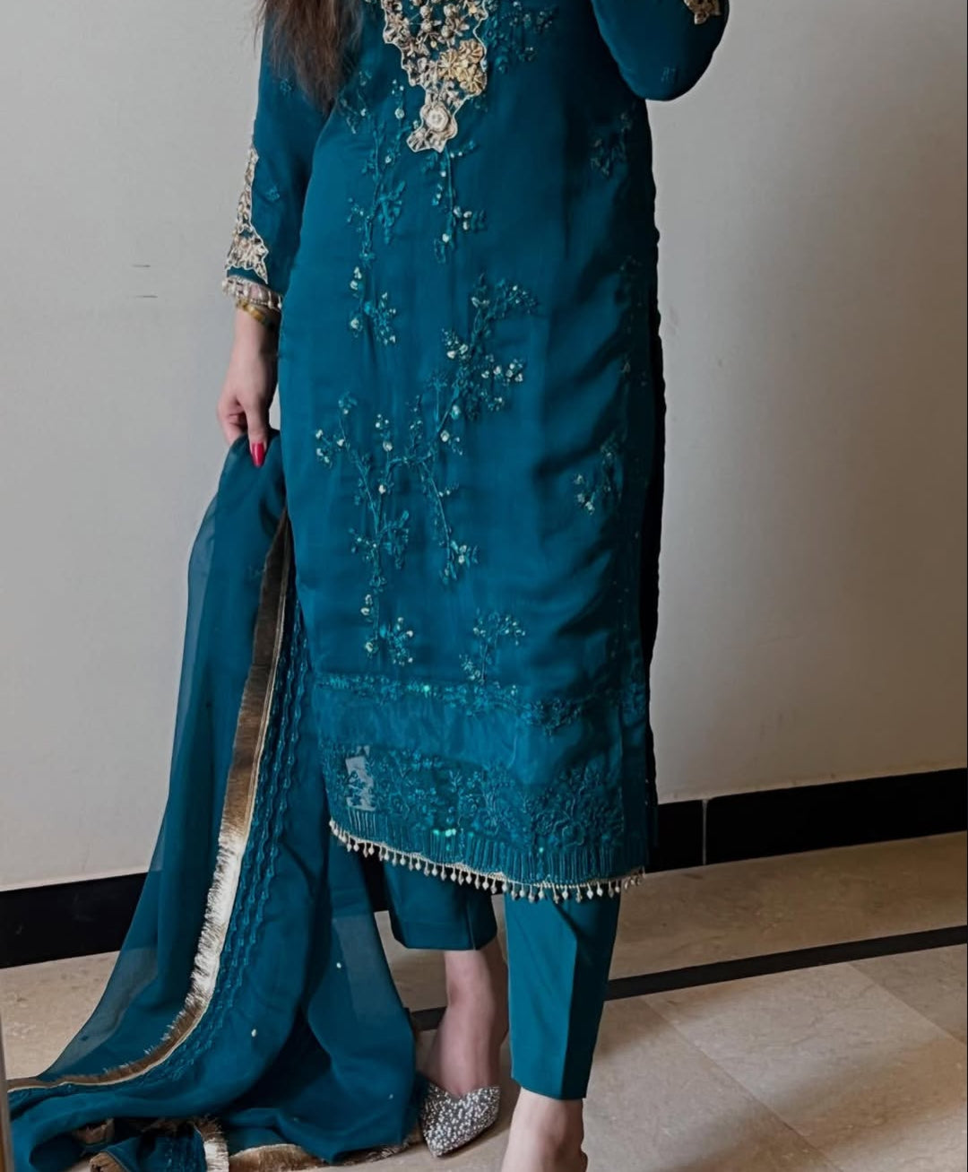 Amna by J.Z Designer Chiffon Suit – Hand Embroidery with Crystal Lace & Dupatta